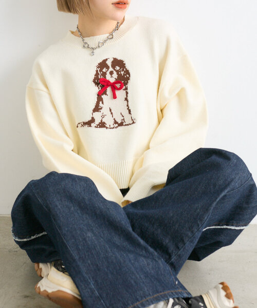 w closet（ダブルクローゼット）の「DOGショートニット（ニット/セーター・レディース・ブルー/ネイビー/アイボリー・FREE）」の7枚目の写真