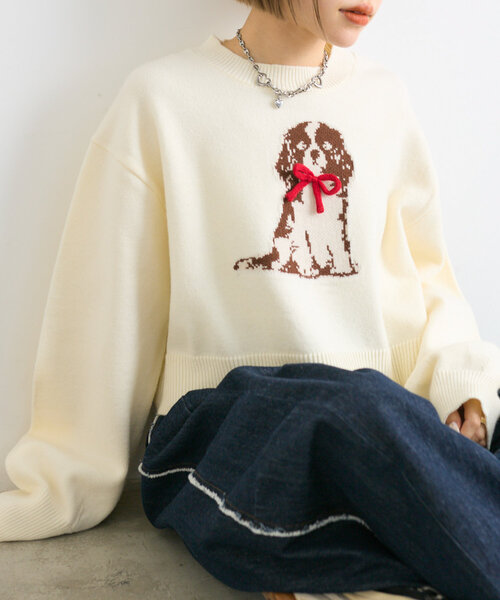 w closet（ダブルクローゼット）の「DOGショートニット（ニット/セーター・レディース・ブルー/ネイビー/アイボリー・FREE）」の8枚目の写真