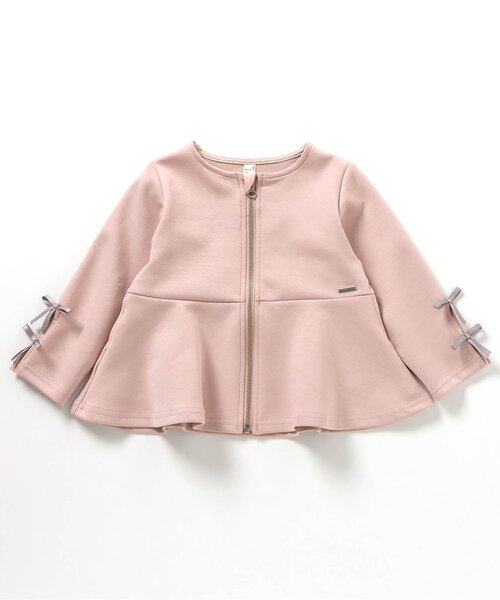 apres les cours（アプレレクール）の「【ジュニア対応】袖リボンペプラムジャケット（ノーカラージャケット・キッズ・ピンク/グレー・80/90/100/110/120/130/140）」の2枚目の写真