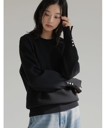 綿タッチ袖ボタンスウェットライクニットトップス