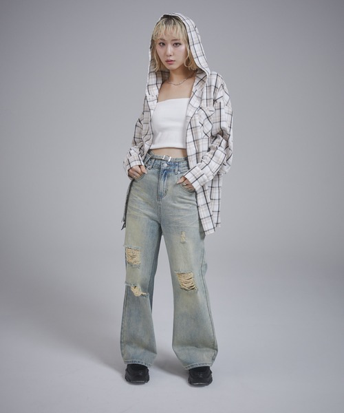 ENVYM（アンビー）の「オーバーサイズフーディチェックシャツ（シャツ/ブラウス・レディース・ブラック/ベージュ/ブルー・FREE）」の7枚目の写真