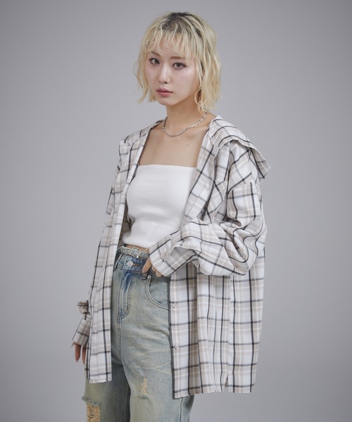 ENVYM（アンビー）の「オーバーサイズフーディチェックシャツ（シャツ/ブラウス・レディース・ブラック/ベージュ/ブルー・FREE）」の4枚目の写真