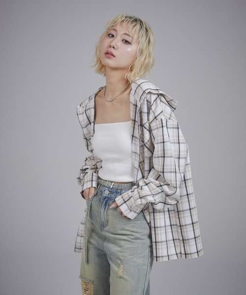 ENVYM（アンビー）の「オーバーサイズフーディチェックシャツ（シャツ/ブラウス・レディース・ブラック/ベージュ/ブルー・FREE）」の5枚目の写真