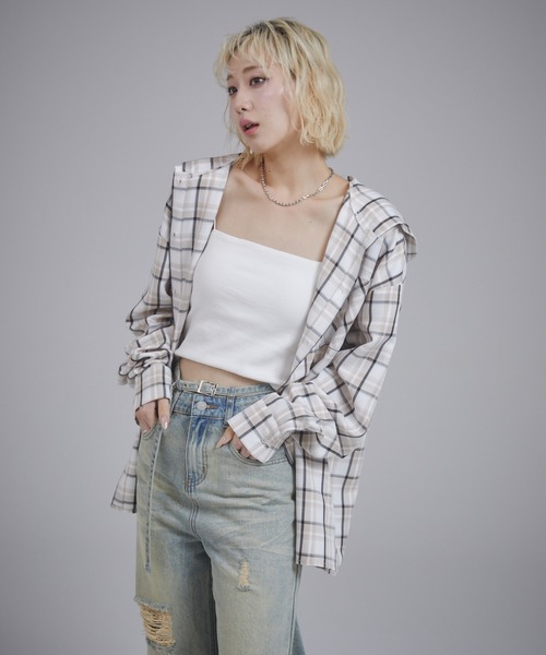 ENVYM（アンビー）の「オーバーサイズフーディチェックシャツ（シャツ/ブラウス・レディース・ブラック/ベージュ/ブルー・FREE）」の11枚目の写真