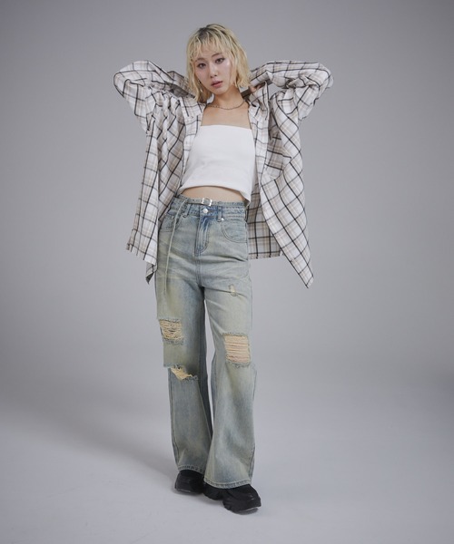 ENVYM（アンビー）の「オーバーサイズフーディチェックシャツ（シャツ/ブラウス・レディース・ブラック/ベージュ/ブルー・FREE）」の6枚目の写真