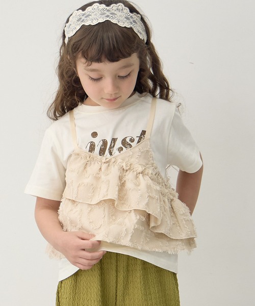 Piet（ピエット）の「ロゴTシャツ×チェックフリンジビスチェセット（Tシャツ/カットソー・キッズ・ブラック/ベージュ・100/110/120/130）」の1枚目の写真