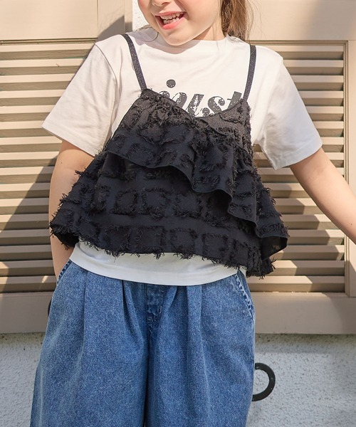 Piet（ピエット）の「ロゴTシャツ×チェックフリンジビスチェセット（Tシャツ/カットソー・キッズ・ブラック/ベージュ・100/110/120/130）」の12枚目の写真