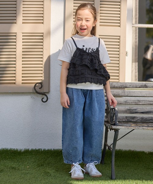 Piet（ピエット）の「ロゴTシャツ×チェックフリンジビスチェセット（Tシャツ/カットソー・キッズ・ブラック/ベージュ・100/110/120/130）」の15枚目の写真
