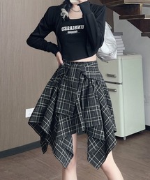 前リボン アシンメトリーチェックプリーツスカート 3色展開