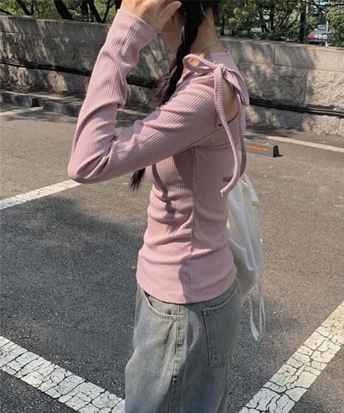 Lace Ladies(レースレディース)の「肩リボン オープンカット ショルダー リブ カットソー(Tシャツ/カットソー・レディース・ホワイト/ピンク・FREE)」の10枚目の写真