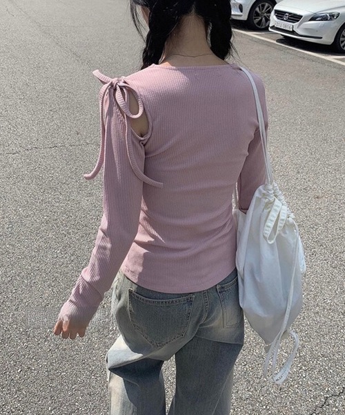 Lace Ladies(レースレディース)の「肩リボン オープンカット ショルダー リブ カットソー(Tシャツ/カットソー・レディース・ホワイト/ピンク・FREE)」の9枚目の写真