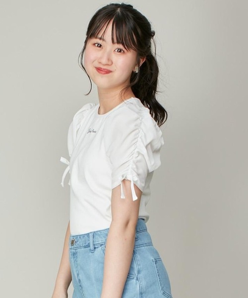 JENNI love（ジェニィラブ）の「シアー素材ギャザースリーブテレコT（Tシャツ/カットソー・キッズ・サックスブルー/オフホワイト/グレー・130cm/160cm/140cm/150cm）」の2枚目の写真