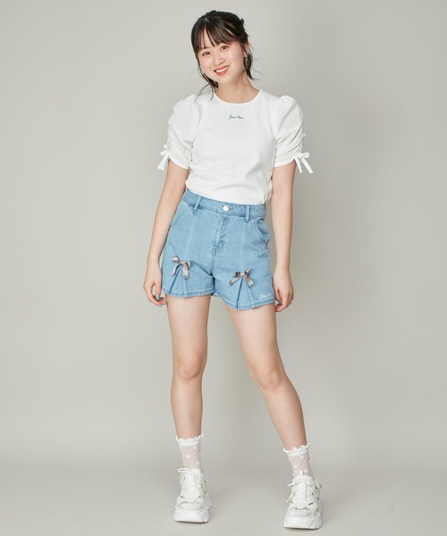 JENNI love（ジェニィラブ）の「シアー素材ギャザースリーブテレコT（Tシャツ/カットソー・キッズ・サックスブルー/オフホワイト/グレー・130cm/160cm/140cm/150cm）」の5枚目の写真