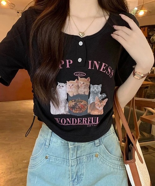 セール】チビT 半袖 ショート丈 猫 プリント サイドシャーリング
