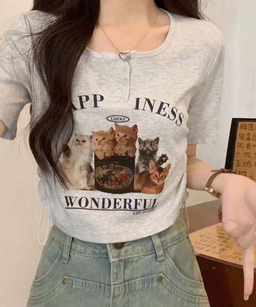 チビT 半袖 ショート丈 猫 プリント サイドシャーリング Tシャツ