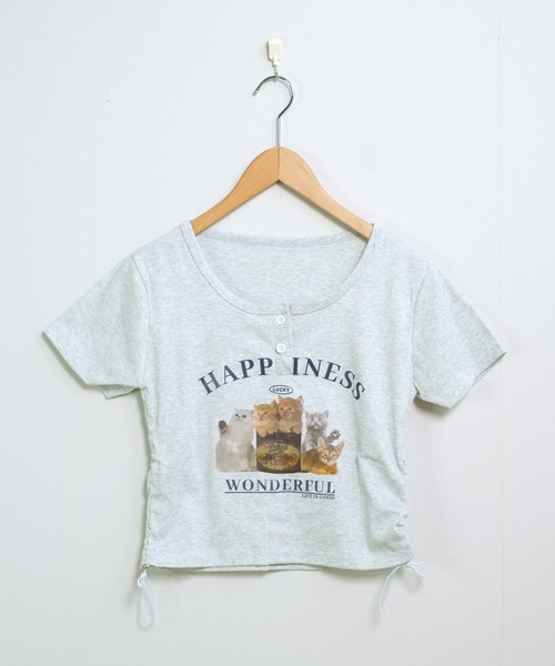 チビT 半袖 ショート丈 猫 プリント サイドシャーリング Tシャツ