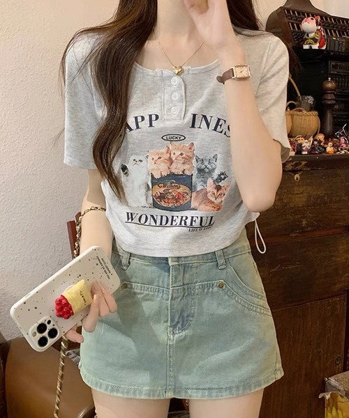 マルニ Ｔシャツ クロップド丈 ミニ丈 ソフトピンク ロゴプリント 14Yサイズ セール】チビT 半袖 ショート丈 猫 プリント サイドシャーリング