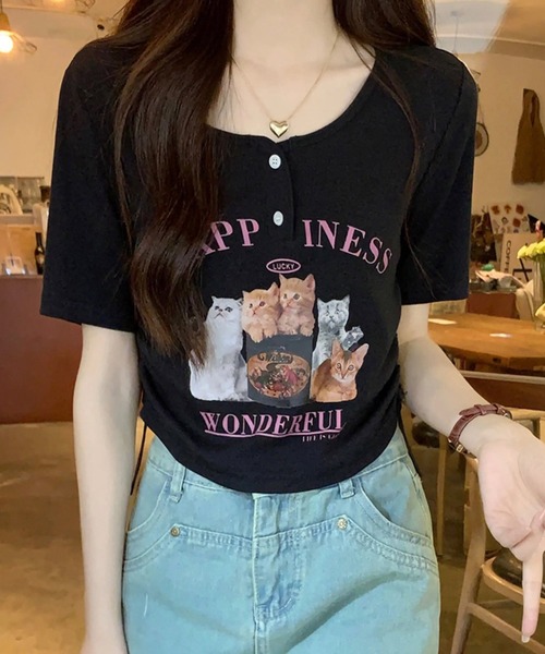 198club 黒 クルーネック Tシャツ y2k 短丈 チビT 半袖 ショート丈 猫 プリント サイドシャーリング Tシャツ 韓国