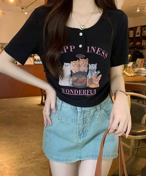 HYKE ブラック クロップド 半袖 Tシャツ　y2k S 短丈 楽天市場】【クーポン利用で→1,756円】プリント Tシャツ 韓国風