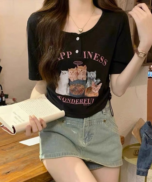 チビT 半袖 ショート丈 猫 プリント サイドシャーリング Tシャツ 韓国