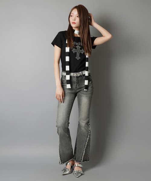 SPINNS（スピンズ）の「大人気デザインが半袖になって再登場！半袖カットソー/ピタTシャツ/ストーンクロス（Tシャツ/カットソー・レディース・オフホワイト/杢グレー/ブラック・ONESIZE）」の8枚目の写真