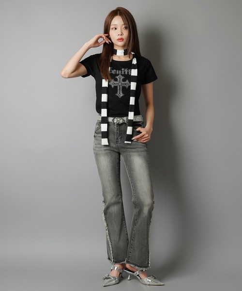 SPINNS（スピンズ）の「大人気デザインが半袖になって再登場！半袖カットソー/ピタTシャツ/ストーンクロス（Tシャツ/カットソー・レディース・オフホワイト/杢グレー/ブラック・ONESIZE）」の10枚目の写真