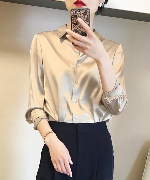 blackdia ocean(ブラックダイヤオーシャン)の「blackdia ocean ベーシックサテンシャツ(シャツ/ブラウス・レディース・シャンパン/ブラック/ライトパープル/ホワイト/グレー・MEDIUM/SMALL)」の5枚目の写真