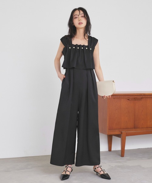 RUIRUE BOUTIQUE(ルイルエブティック)の「洗える ストレッチ | フロント パール フレア サロペット | レディース おしゃれ きれいめ リゾート 休日コーデ ウエストゴム ワイドパンツ オールインワン(サロペット/オーバーオール・レディース・ブラック/ベージュ/ブルー・LL/S/M/L)」の8枚目の写真