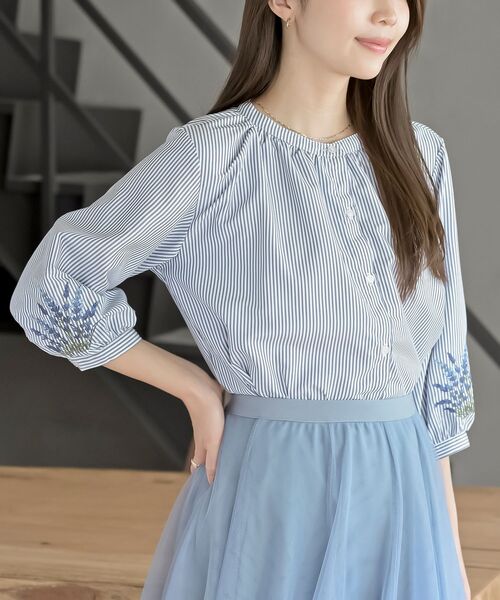 刺繍スリーブバンドカラー7分袖ブラウス（シャツ/ブラウス