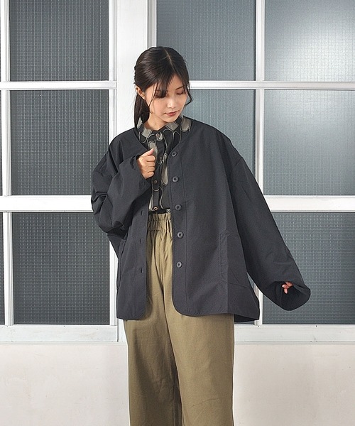 【極美品】PASSIONE ゆったりワイドVネックノーカラージャケット ブラック パウダリーストレッチ黒 ノーカラージャケット セットアップ着用