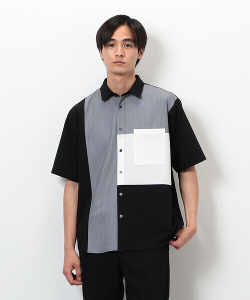 COMME CA ISM（コムサイズム）の「ウールライク ショートポイントカラー ブロッキング半袖シャツ（シャツ/ブラウス・メンズ・ホワイト/ブラック・MEDIUM/LARGE）」の2枚目の写真