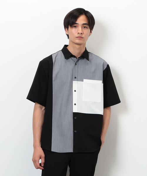 COMME CA ISM（コムサイズム）の「ウールライク ショートポイントカラー ブロッキング半袖シャツ（シャツ/ブラウス・メンズ・ホワイト/ブラック・MEDIUM/LARGE）」の4枚目の写真