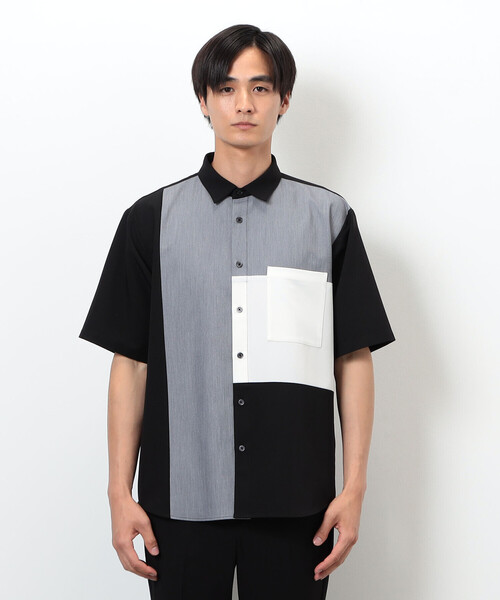 COMME CA ISM（コムサイズム）の「ウールライク ショートポイントカラー ブロッキング半袖シャツ（シャツ/ブラウス・メンズ・ホワイト/ブラック・MEDIUM/LARGE）」の5枚目の写真