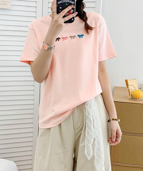 aimoha(アイモハ)の「マルチカラーリボン刺繍Tシャツ (SS)(Tシャツ/カットソー・レディース・ブルー/ピンク/ホワイト/ライトグレー/イエロー・FREE)」の5枚目の写真