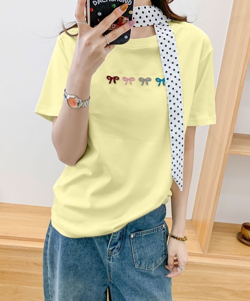 aimoha(アイモハ)の「マルチカラーリボン刺繍Tシャツ (SS)(Tシャツ/カットソー・レディース・ブルー/ピンク/ホワイト/ライトグレー/イエロー・FREE)」の11枚目の写真