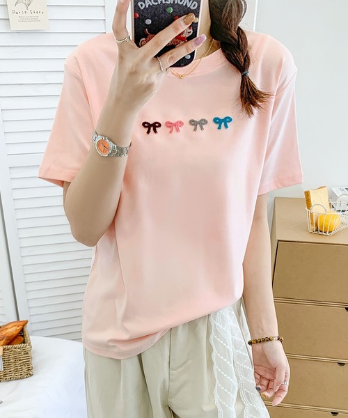 aimoha(アイモハ)の「マルチカラーリボン刺繍Tシャツ (SS)(Tシャツ/カットソー・レディース・ブルー/ピンク/ホワイト/ライトグレー/イエロー・FREE)」の16枚目の写真