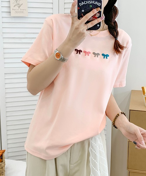 aimoha(アイモハ)の「マルチカラーリボン刺繍Tシャツ (SS)(Tシャツ/カットソー・レディース・ブルー/ピンク/ホワイト/ライトグレー/イエロー・FREE)」の17枚目の写真