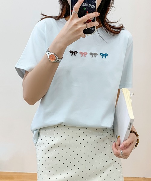 aimoha(アイモハ)の「マルチカラーリボン刺繍Tシャツ (SS)(Tシャツ/カットソー・レディース・ブルー/ピンク/ホワイト/ライトグレー/イエロー・FREE)」の10枚目の写真