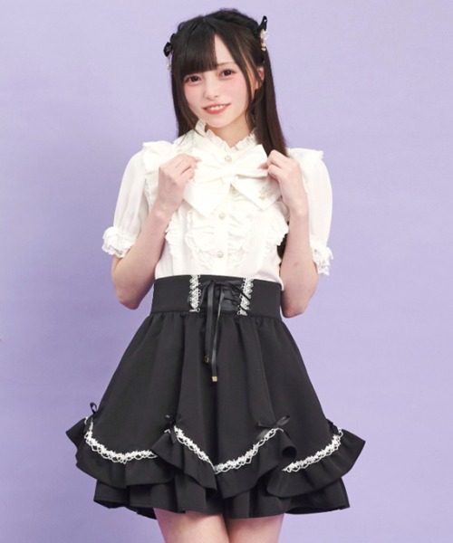 Secret Honey（シークレットハニー）の「スタンドカラーダブルフリルブラウス（シャツ/ブラウス・レディース・ブラック/オフホワイト・MEDIUM）」の3枚目の写真