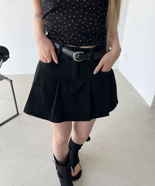 セール】【ベルトSET / インナーパンツ付き】プリーツ デニム ミニ