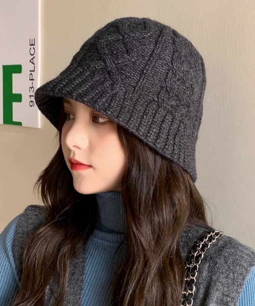 セール】【秋冬新作】ケーブル編みバケハニット帽（ニット