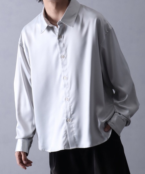welise(ウェライズ)の「【welise/ウェライズ】ドレープサテンスムース オーバーサイズ長袖シャツ(シャツ/ブラウス・メンズ・ブラック/ホワイト系その他/チャコールグレー/ダークネイビー・S/L/M)」の9枚目の写真