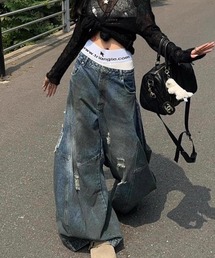 DEVICE（デバイス）の「ダメージ ヴィンテージ加工 ワイド バギー カーブ デニム パンツ（デニムパンツ）」