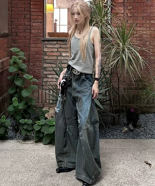 ダメージ ヴィンテージ加工 ワイド バギー カーブ デニム パンツ