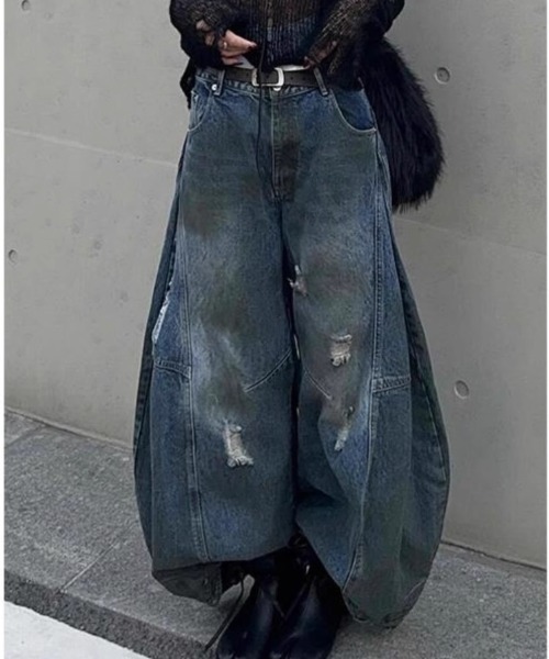 ダメージ ヴィンテージ加工 ワイド バギー カーブ デニム パンツ