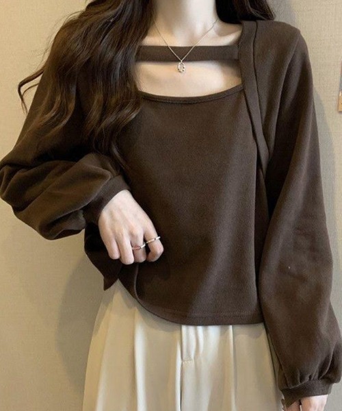cammie（キャミー）の「レイヤード風デザイン長袖プルオーバー（Tシャツ/カットソー・レディース・アイボリー/ブラウン・MEDIUM/LARGE）」の2枚目の写真
