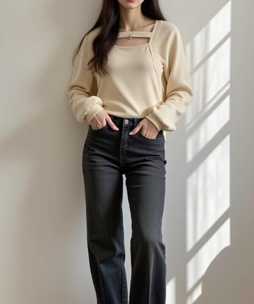 cammie（キャミー）の「レイヤード風デザイン長袖プルオーバー（Tシャツ/カットソー・レディース・アイボリー/ブラウン・MEDIUM/LARGE）」の7枚目の写真