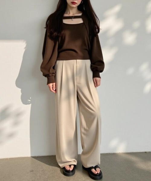 cammie（キャミー）の「レイヤード風デザイン長袖プルオーバー（Tシャツ/カットソー・レディース・アイボリー/ブラウン・MEDIUM/LARGE）」の12枚目の写真
