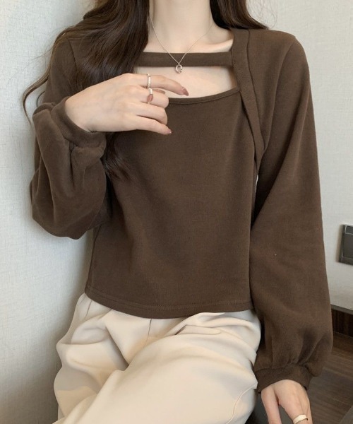 cammie（キャミー）の「レイヤード風デザイン長袖プルオーバー（Tシャツ/カットソー・レディース・アイボリー/ブラウン・MEDIUM/LARGE）」の11枚目の写真