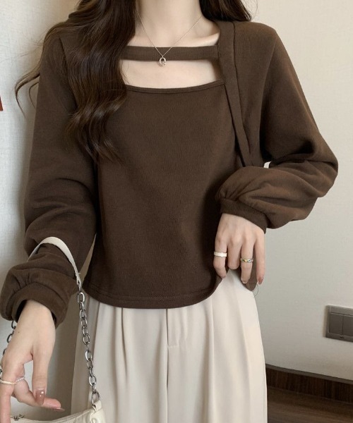 cammie（キャミー）の「レイヤード風デザイン長袖プルオーバー（Tシャツ/カットソー・レディース・アイボリー/ブラウン・MEDIUM/LARGE）」の8枚目の写真